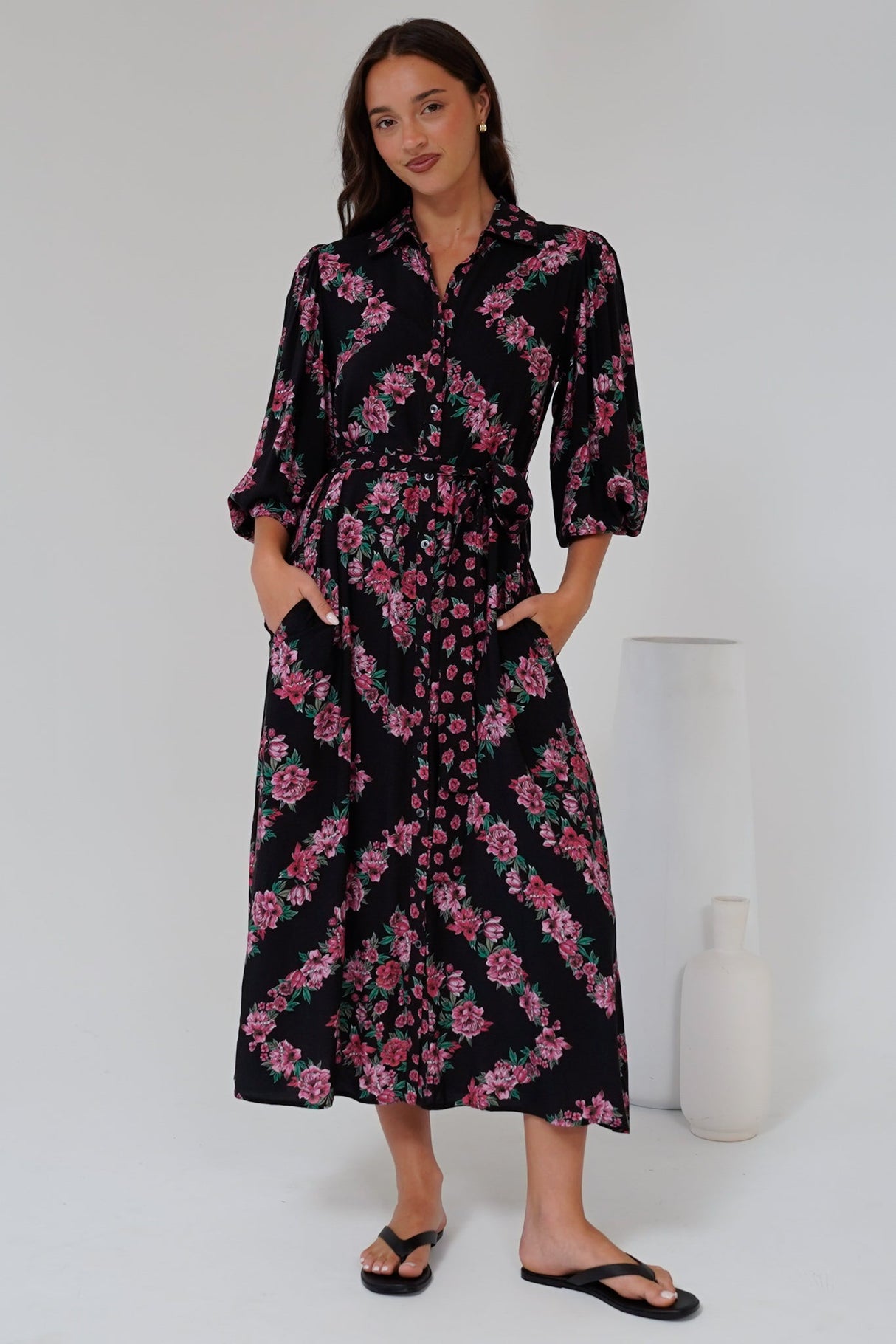 Faith Midi Dress - Collared Shirt Dress with Matching Belt in Love Story Print