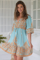 Faith Mini Dress - Pull Tie Waist A Line Dress in Arabian Nights Print