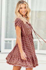 JAASE - Faithful Mini Dress: Drawstring Waist Tiered Mini Dress in Coral Eden Print
