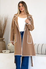 Falcon Cardigan - Lapel Collar Open Cardigan with Matching Belt and Contrast Stitch Hemlines in Tan