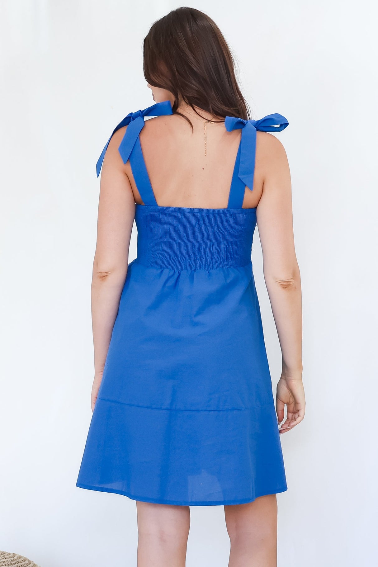Faris Mini Dress - Tie Up Strap Cotton Sun Dress in Blue