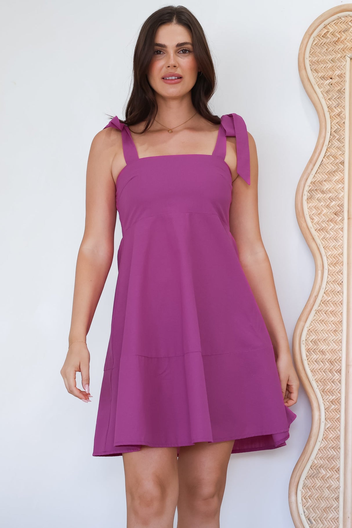 Faris Mini Dress - Tie Up Strap Cotton Sun Dress in Purple