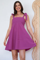 Faris Mini Dress - Tie Up Strap Cotton Sun Dress in Purple