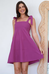 Faris Mini Dress - Tie Up Strap Cotton Sun Dress in Purple