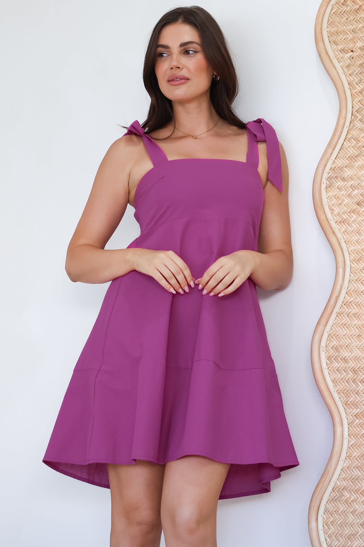 Faris Mini Dress - Tie Up Strap Cotton Sun Dress in Purple
