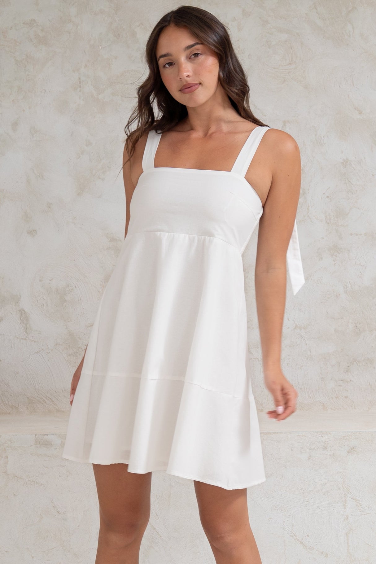 Faris Mini Dress - Tie Up Strap Cotton Sun Dress in White