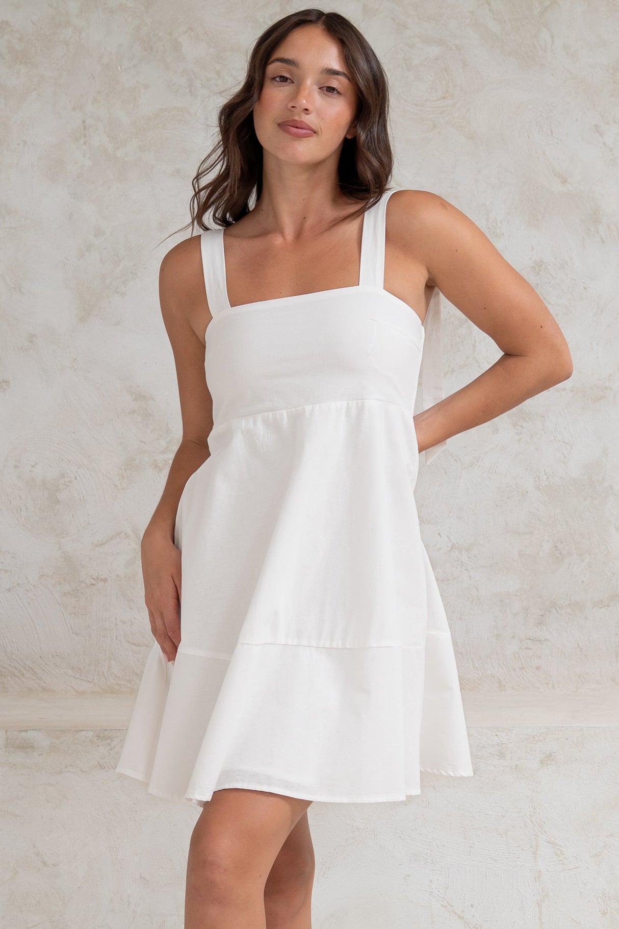 Faris Mini Dress - Tie Up Strap Cotton Sun Dress in White