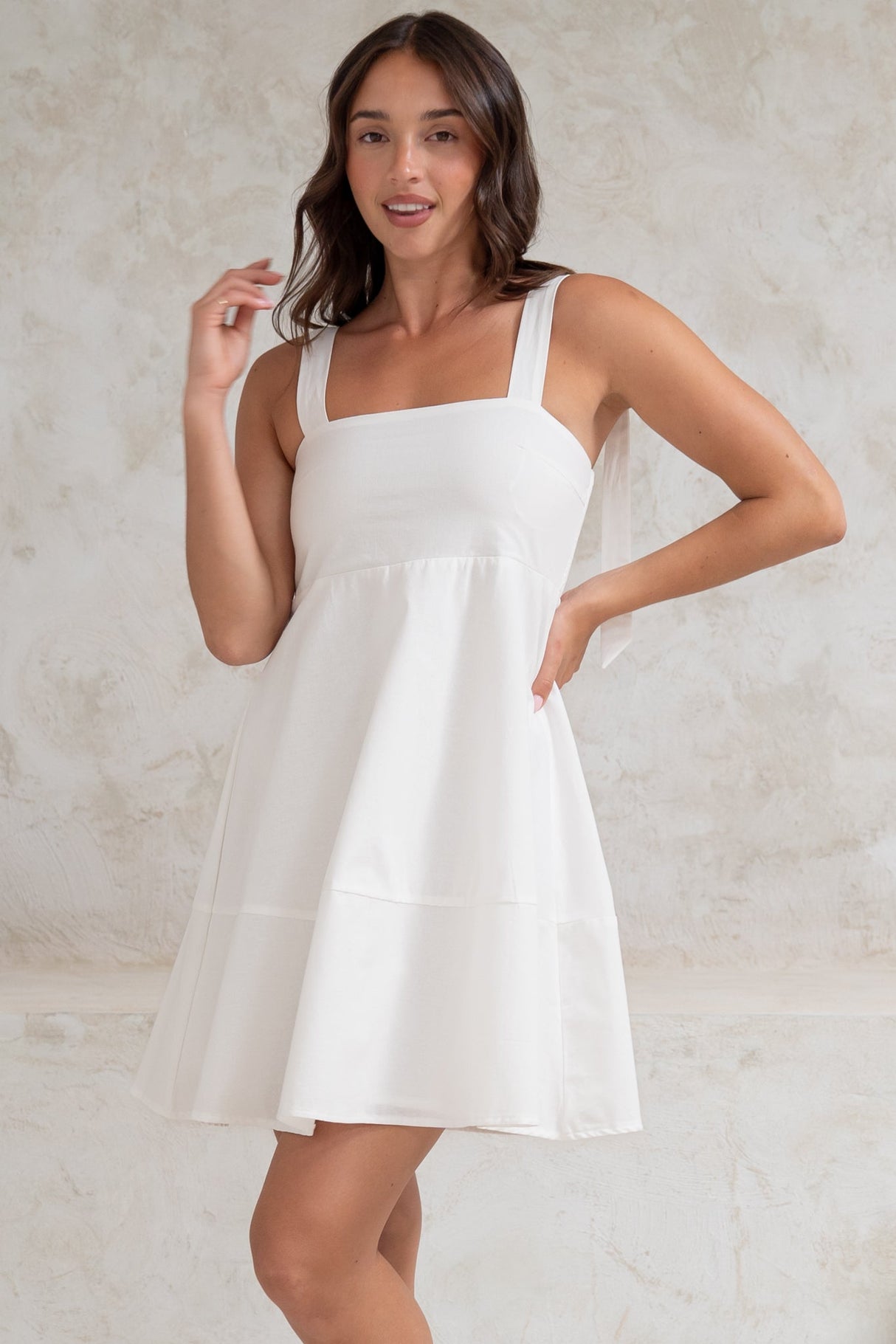 Faris Mini Dress - Tie Up Strap Cotton Sun Dress in White