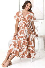 Fava Midi Dress - Pull In Neckline with Cap Sleeves Dress in Azira Print Rust