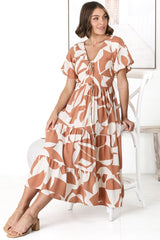 Fava Midi Dress - Pull In Neckline with Cap Sleeves Dress in Azira Print Rust