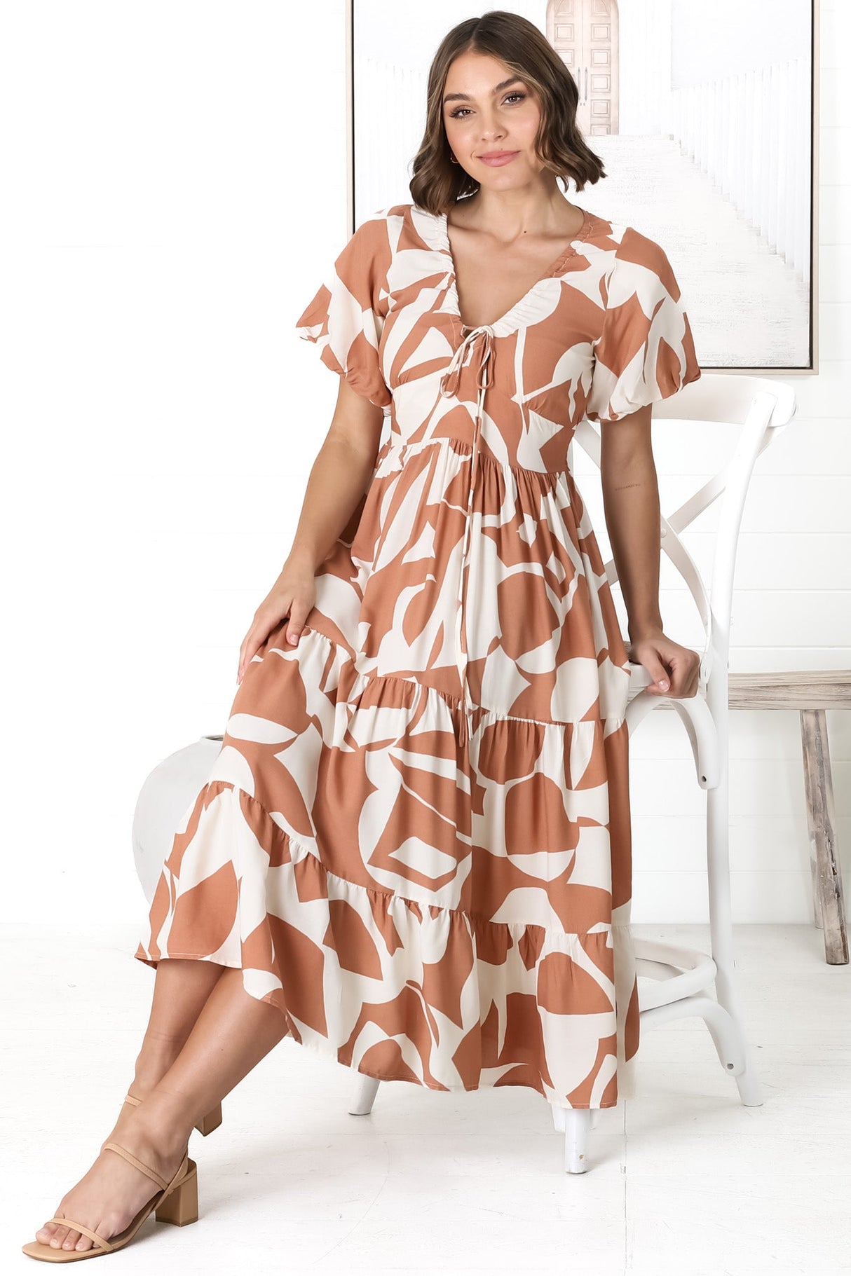 Fava Midi Dress - Pull In Neckline with Cap Sleeves Dress in Azira Print Rust