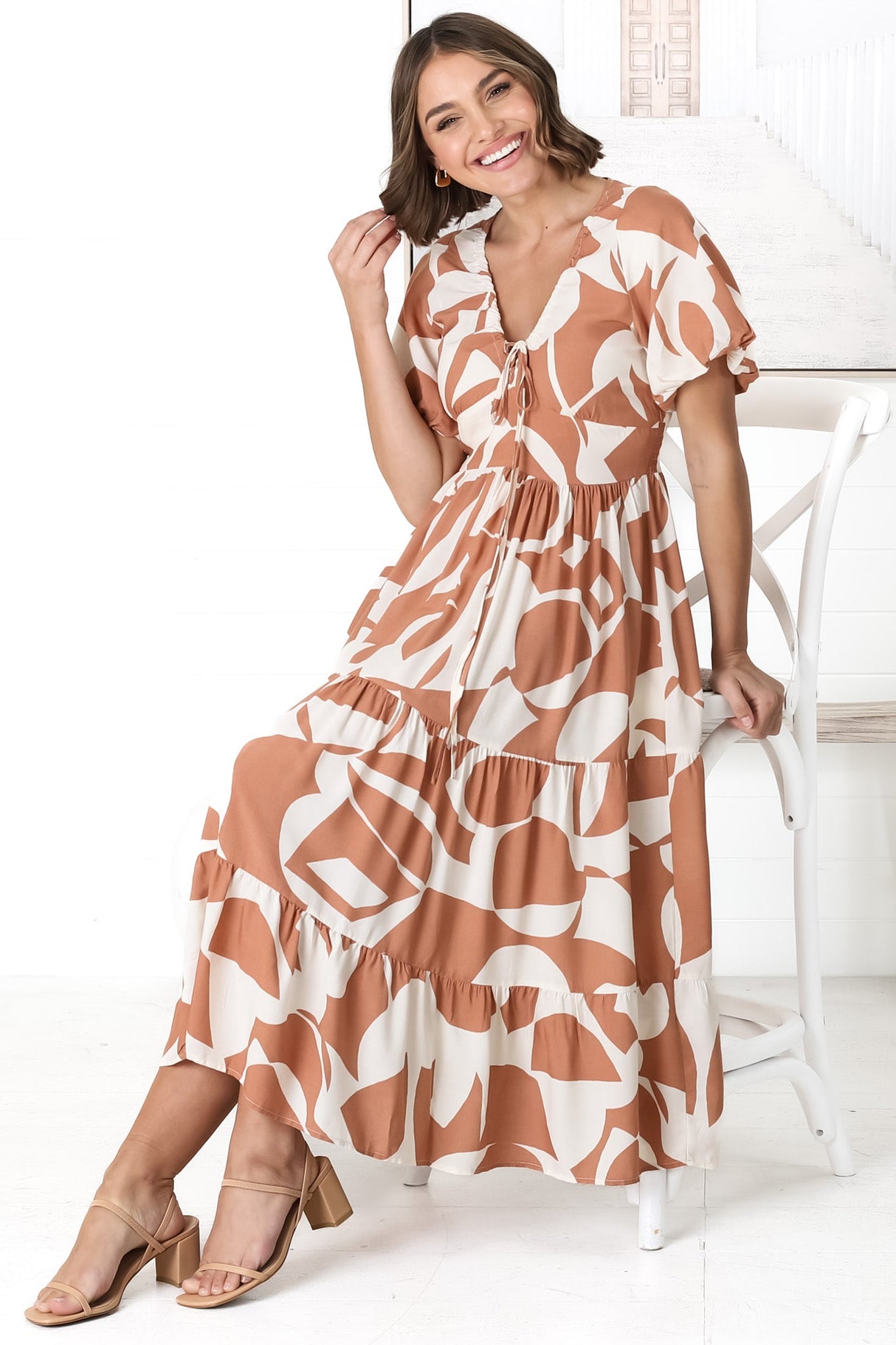 Fava Midi Dress - Pull In Neckline with Cap Sleeves Dress in Azira Print Rust