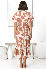 Fava Midi Dress - Pull In Neckline with Cap Sleeves Dress in Azira Print Rust