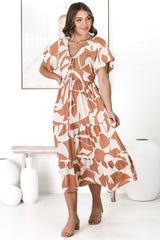 Fava Midi Dress - Pull In Neckline with Cap Sleeves Dress in Azira Print Rust