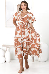 Fava Midi Dress - Pull In Neckline with Cap Sleeves Dress in Azira Print Rust