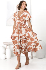 Fava Midi Dress - Pull In Neckline with Cap Sleeves Dress in Azira Print Rust