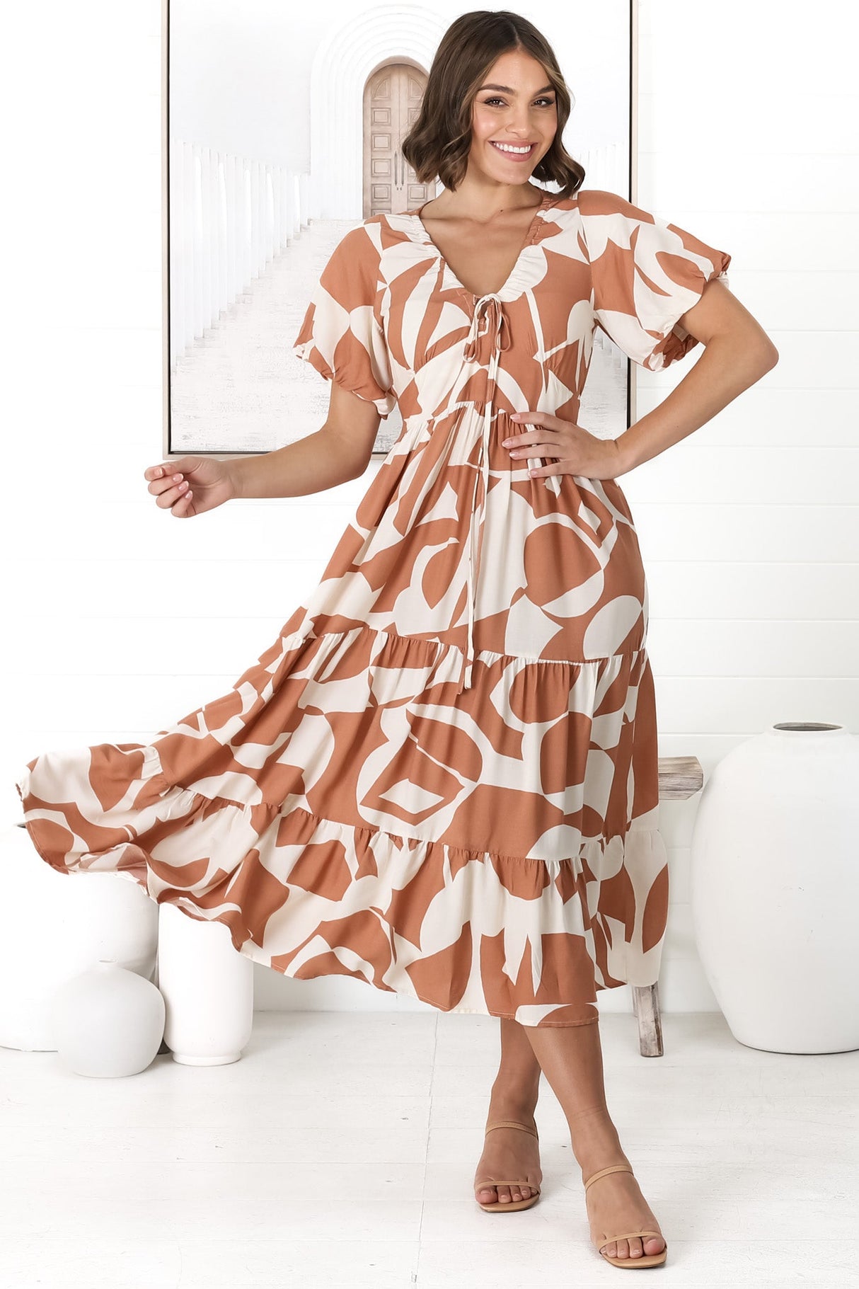 Fava Midi Dress - Pull In Neckline with Cap Sleeves Dress in Azira Print Rust