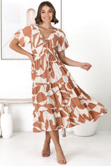 Fava Midi Dress - Pull In Neckline with Cap Sleeves Dress in Azira Print Rust