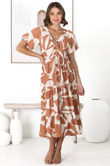 Fava Midi Dress - Pull In Neckline with Cap Sleeves Dress in Azira Print Rust