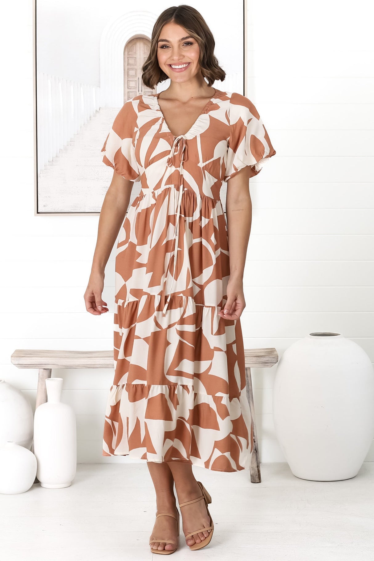 Fava Midi Dress - Pull In Neckline with Cap Sleeves Dress in Azira Print Rust