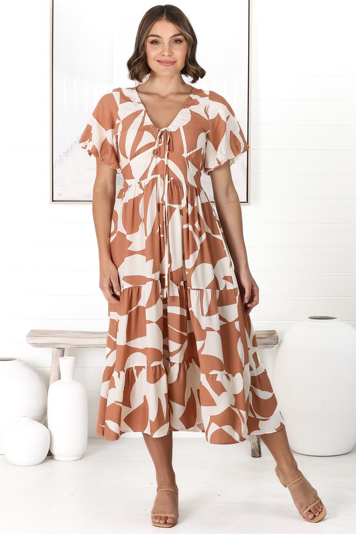 Fava Midi Dress - Pull In Neckline with Cap Sleeves Dress in Azira Print Rust