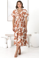 Fava Midi Dress - Pull In Neckline with Cap Sleeves Dress in Azira Print Rust