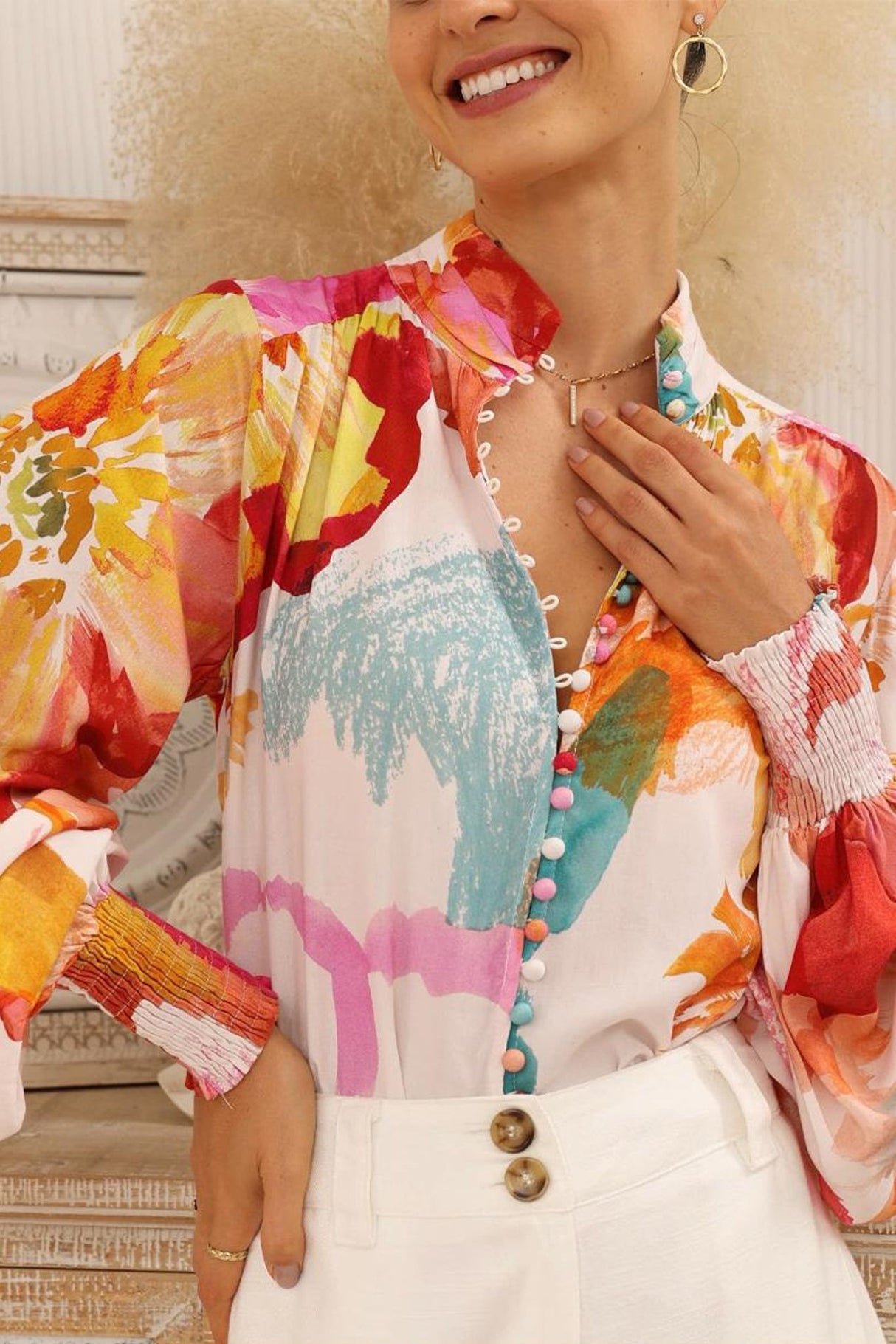 Faye Blouse - Mandarin Collar Balloon Sleeve Button Down Shirt in Millie Print