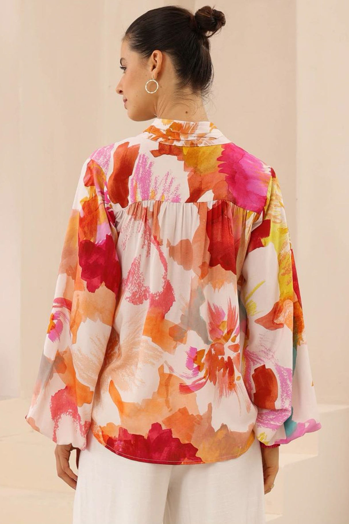 Faye Blouse - Mandarin Collar Balloon Sleeve Button Down Shirt in Millie Print