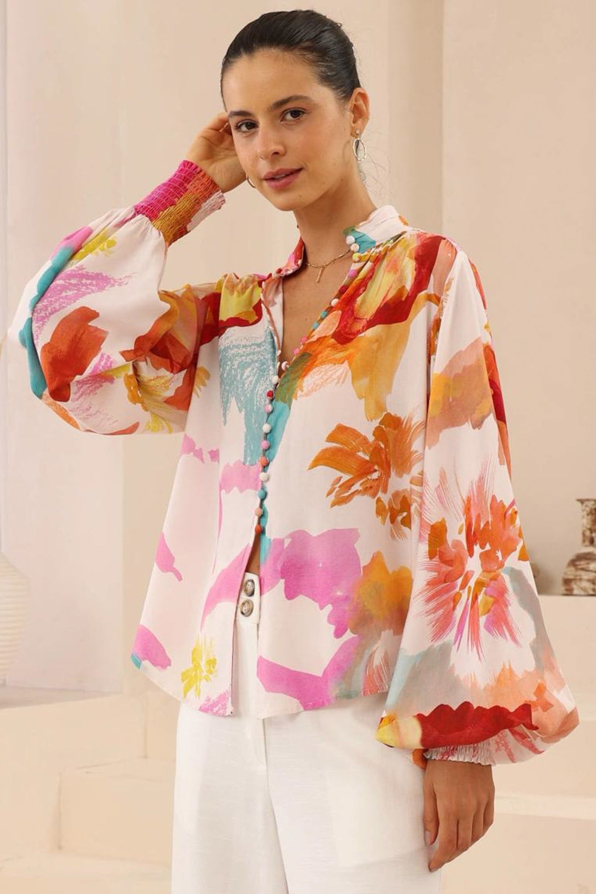 Faye Blouse - Mandarin Collar Balloon Sleeve Button Down Shirt in Millie Print