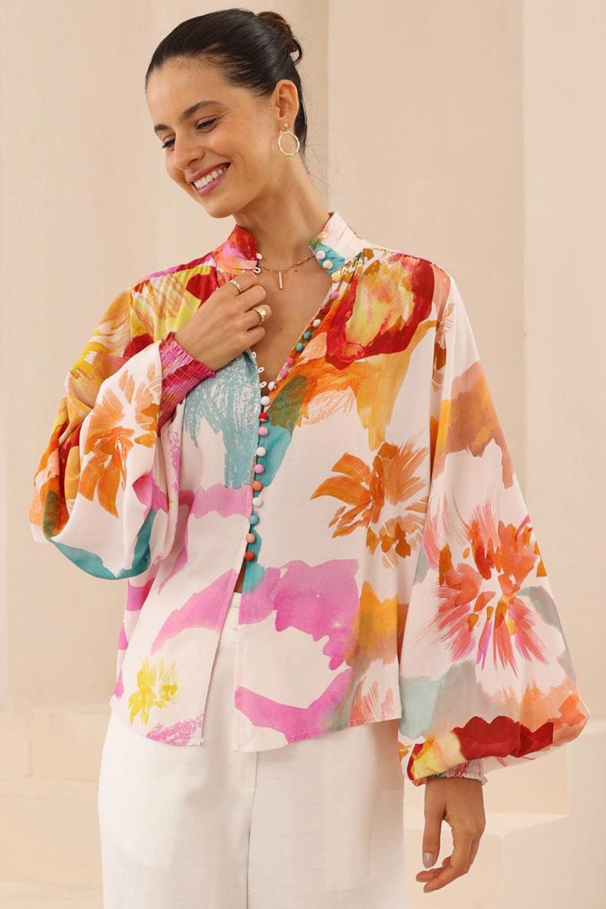 Faye Blouse - Mandarin Collar Balloon Sleeve Button Down Shirt in Millie Print