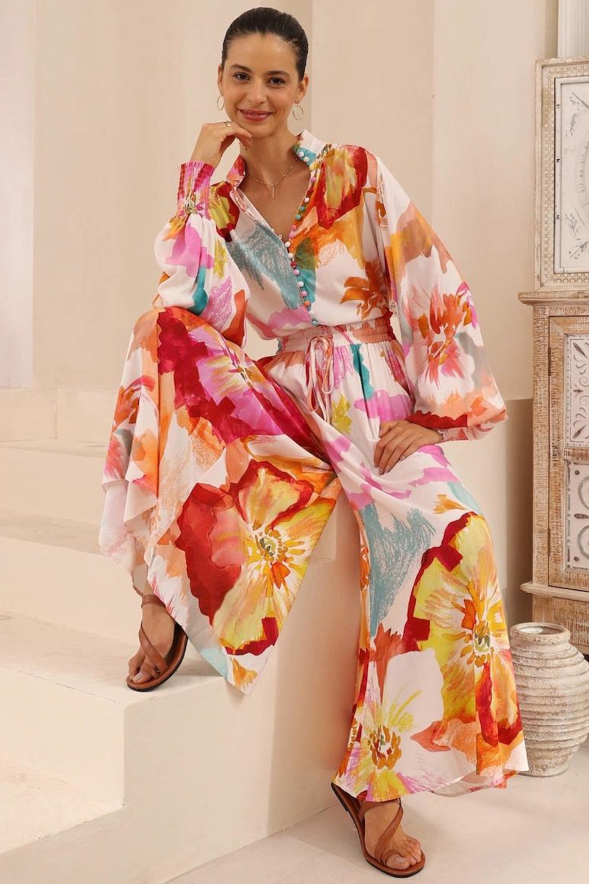 Faye Blouse - Mandarin Collar Balloon Sleeve Button Down Shirt in Millie Print