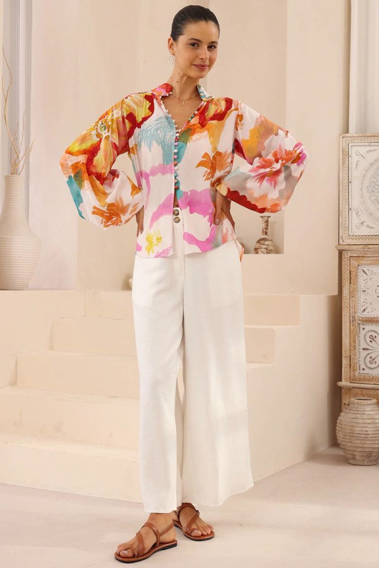 Faye Blouse - Mandarin Collar Balloon Sleeve Button Down Shirt in Millie Print
