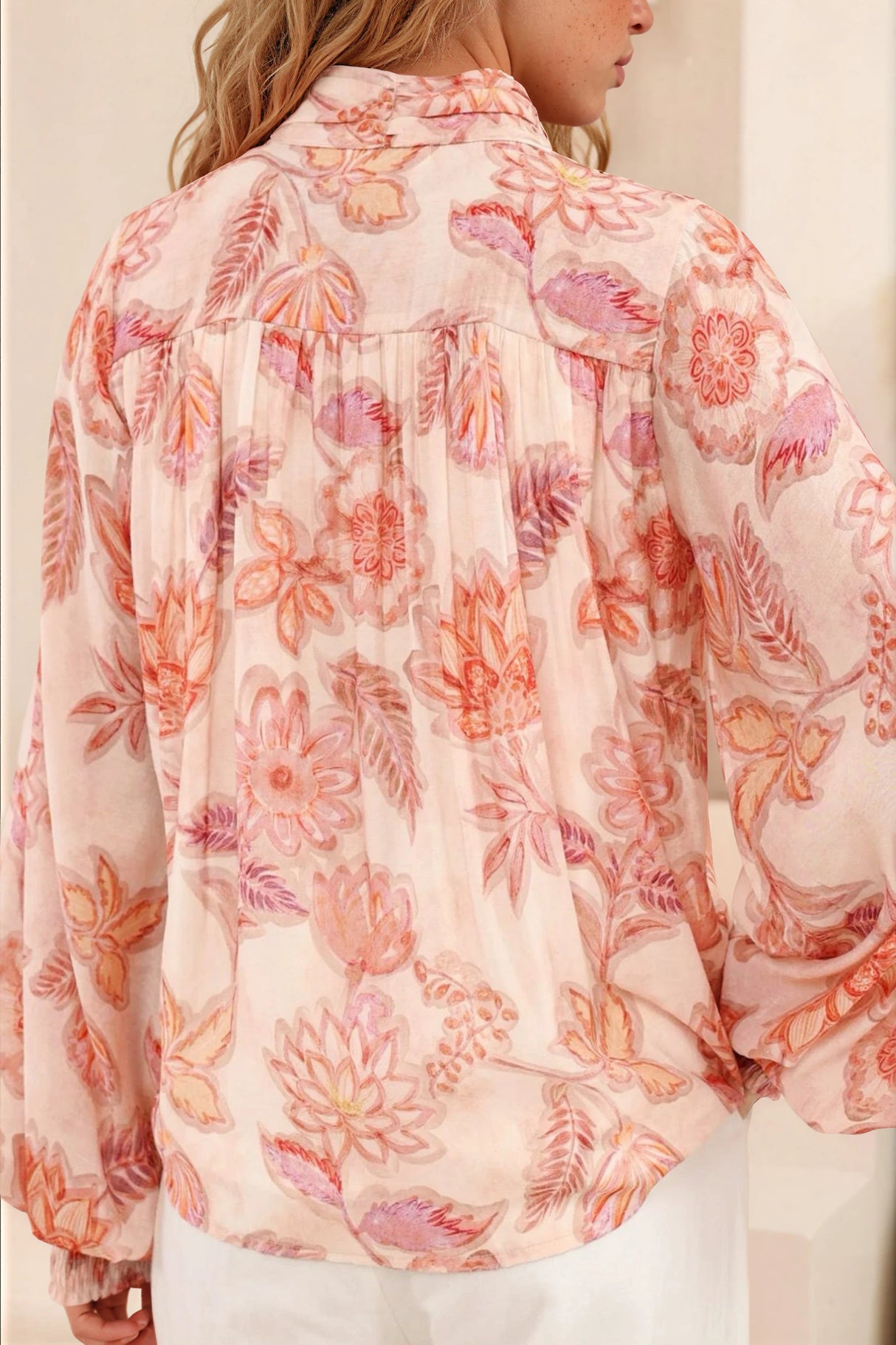 Faye Blouse - Mandarin Collar Balloon Sleeve Button Down Shirt in Rory Print Pink