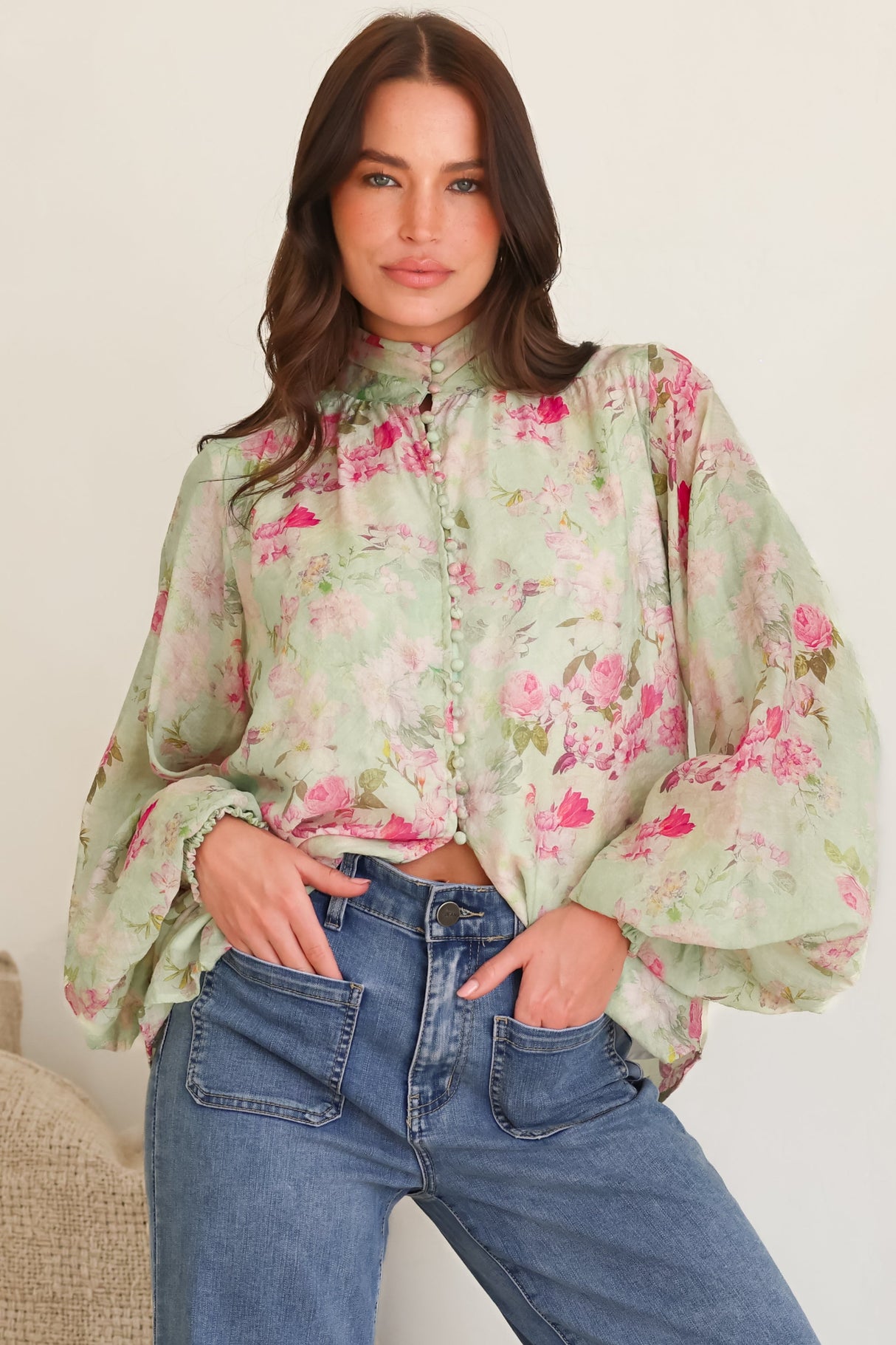 Faye Blouse - Mandarin Collar Balloon Sleeve Button Down Shirt in Rosemarie Print