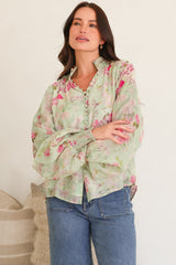 Faye Blouse - Mandarin Collar Balloon Sleeve Button Down Shirt in Rosemarie Print