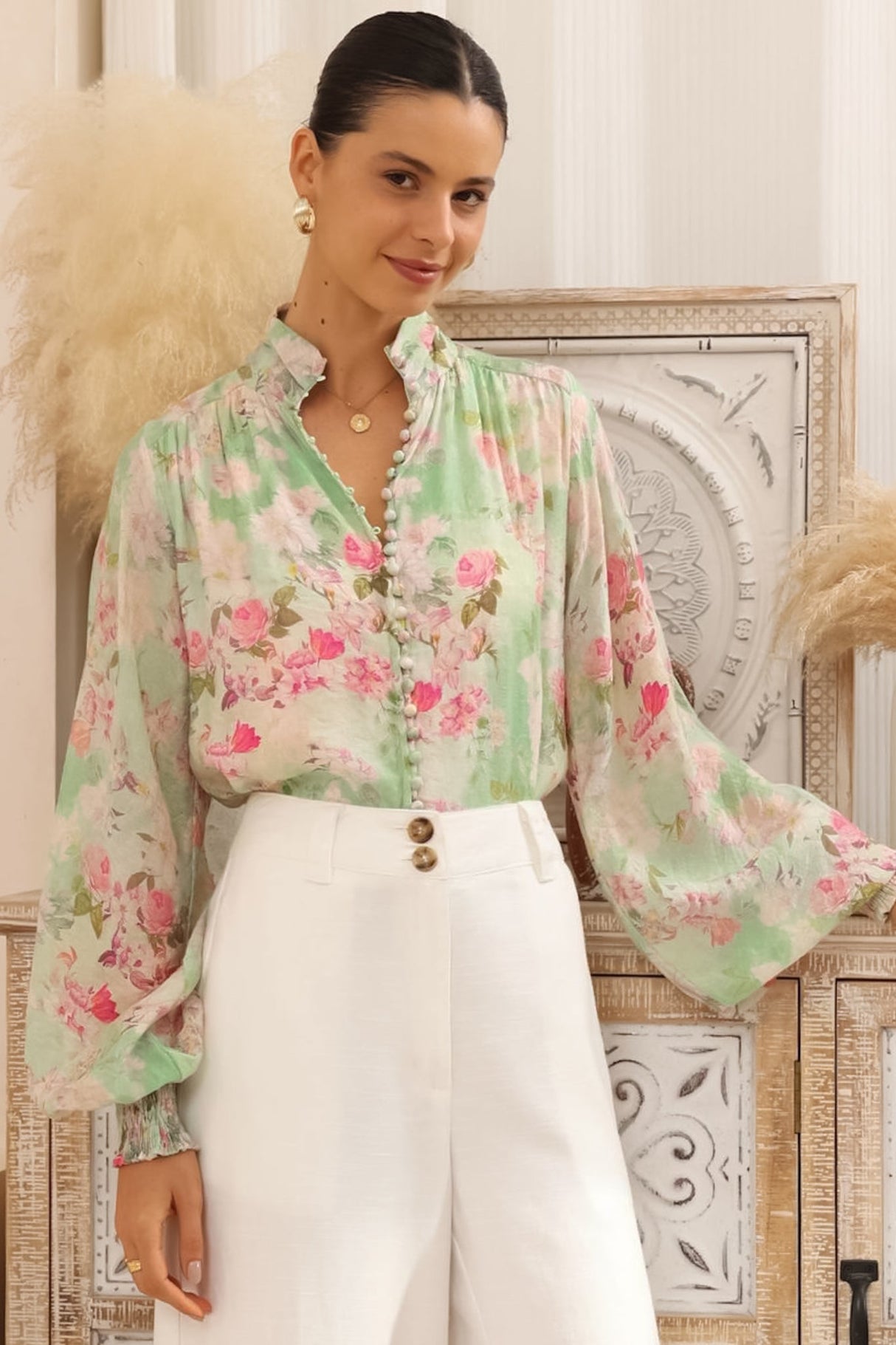Faye Blouse - Mandarin Collar Balloon Sleeve Button Down Shirt in Rosemarie Print
