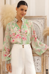 Faye Blouse - Mandarin Collar Balloon Sleeve Button Down Shirt in Rosemarie Print