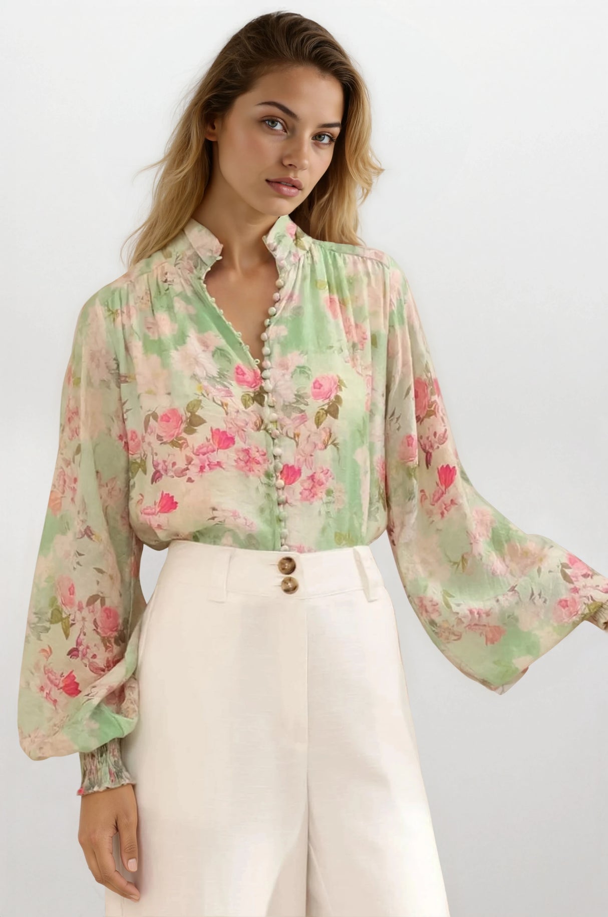 Faye Blouse - Mandarin Collar Balloon Sleeve Button Down Shirt in Rosemarie Print