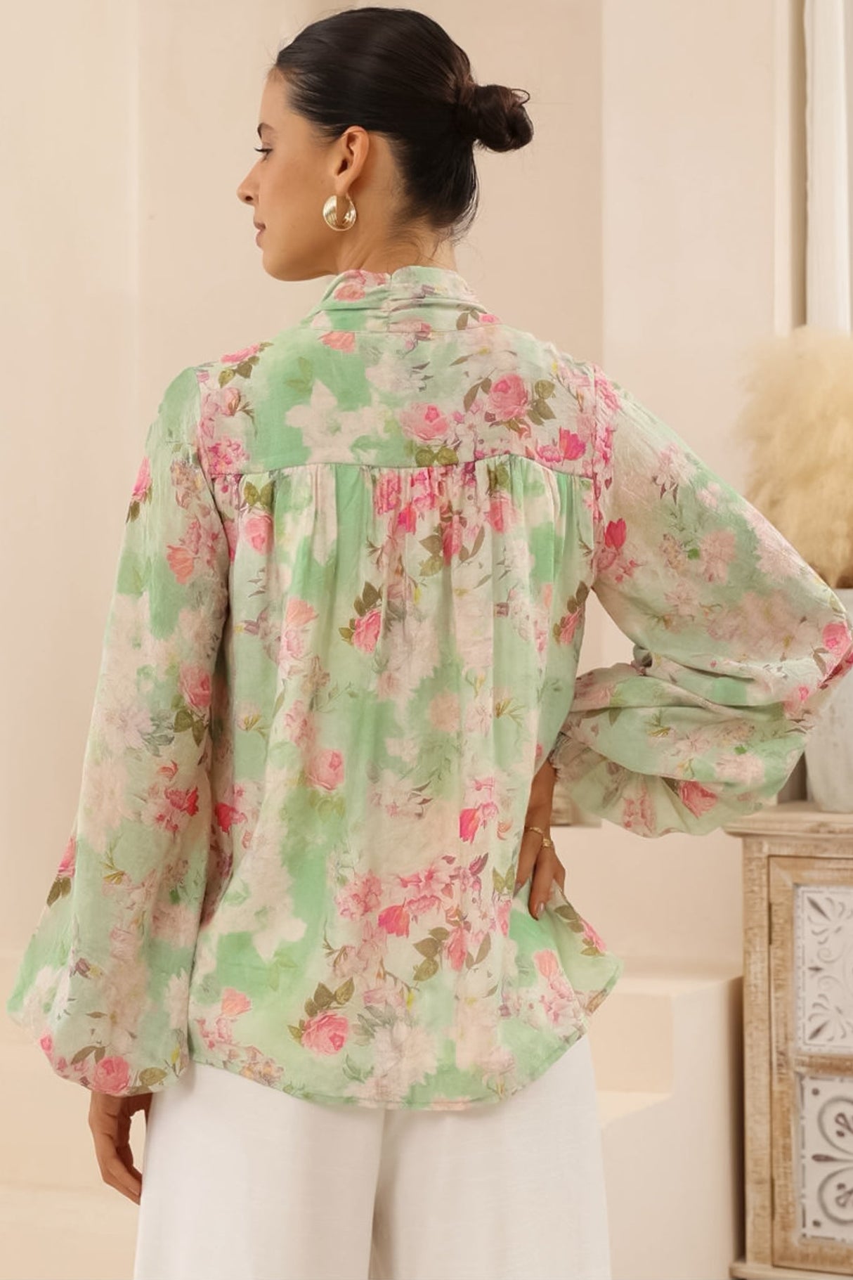 Faye Blouse - Mandarin Collar Balloon Sleeve Button Down Shirt in Rosemarie Print