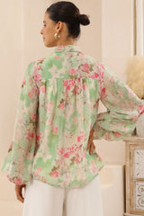 Faye Blouse - Mandarin Collar Balloon Sleeve Button Down Shirt in Rosemarie Print