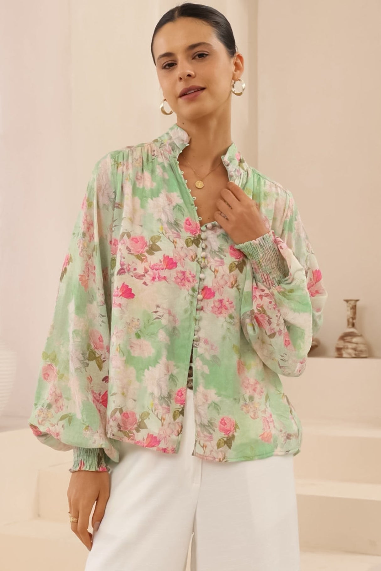 Faye Blouse - Mandarin Collar Balloon Sleeve Button Down Shirt in Rosemarie Print