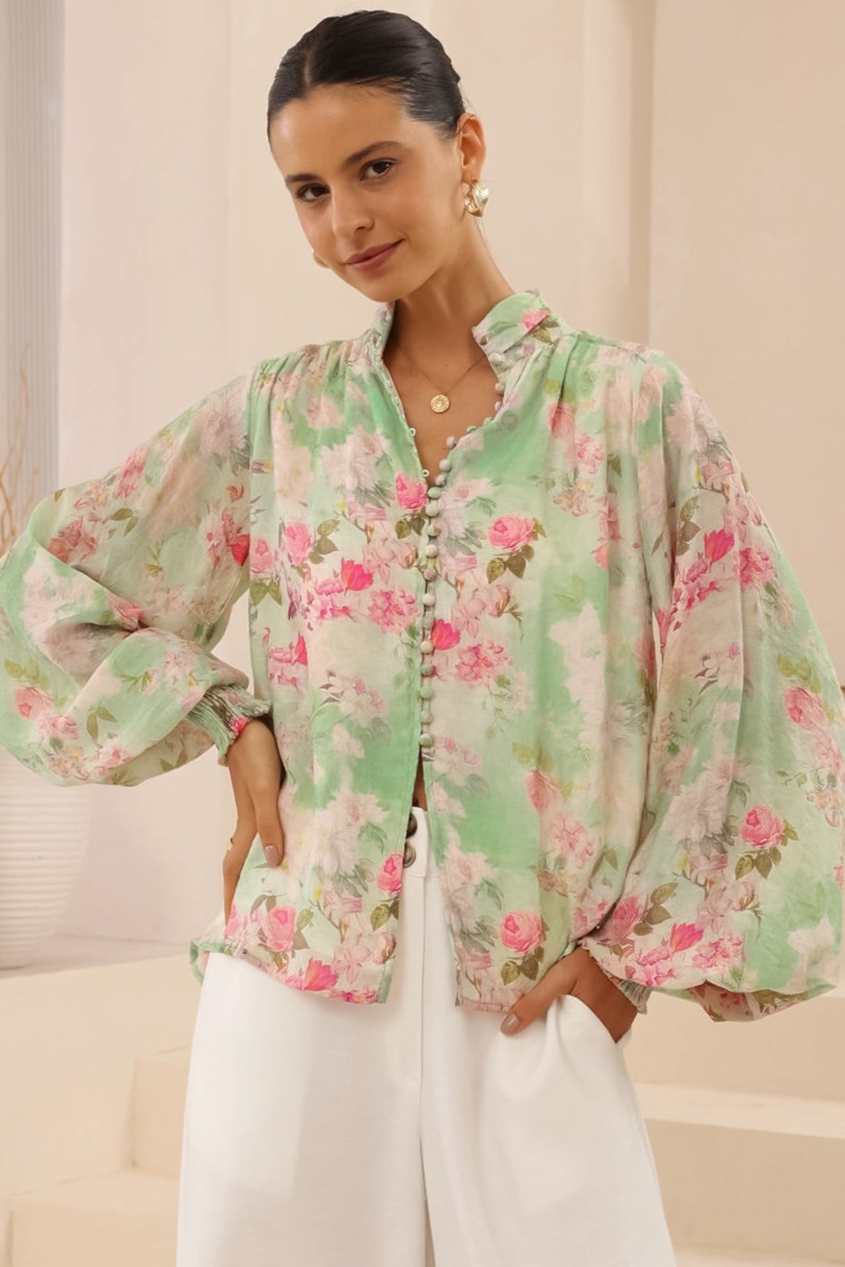 Faye Blouse - Mandarin Collar Balloon Sleeve Button Down Shirt in Rosemarie Print