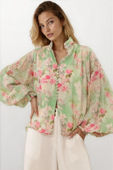 Faye Blouse - Mandarin Collar Balloon Sleeve Button Down Shirt in Rosemarie Print