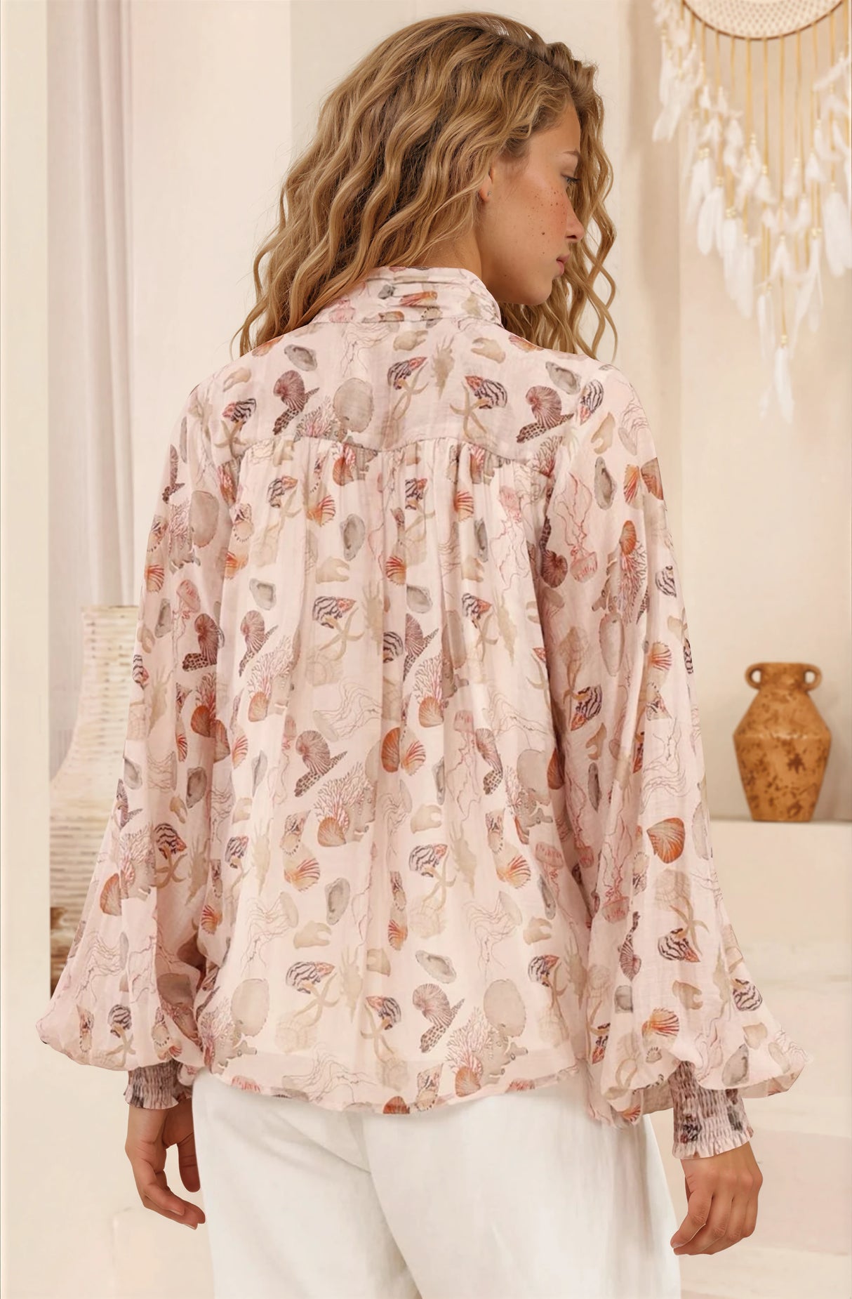 Faye Blouse - Mandarin Collar Balloon Sleeve Button Down Shirt in Shellie Print