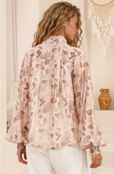 Faye Blouse - Mandarin Collar Balloon Sleeve Button Down Shirt in Shellie Print