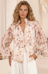 Faye Blouse - Mandarin Collar Balloon Sleeve Button Down Shirt in Shellie Print