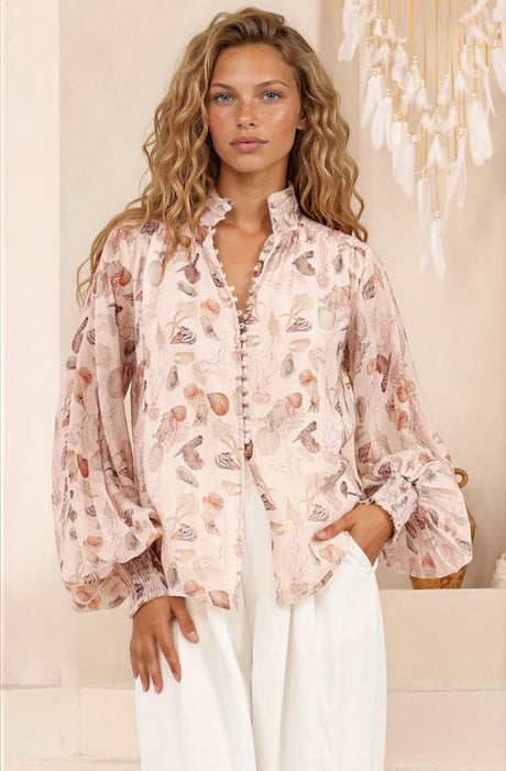Model wearing Faye Blouse in Shellie Print from Salty Crush