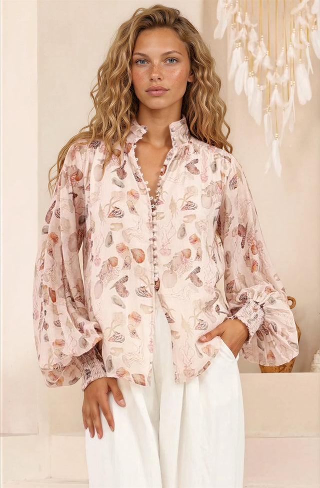 Model wearing Faye Blouse in Shellie Print from Salty Crush
