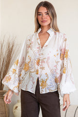 Faye Blouse - Mandarin Collar Balloon Sleeve Button Down Shirt in Sheree Print