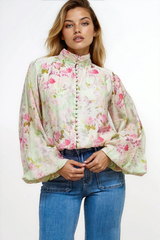 Faye Blouse - Mandarin Collar Balloon Sleeve Button Down Shirt in Rosemarie Print